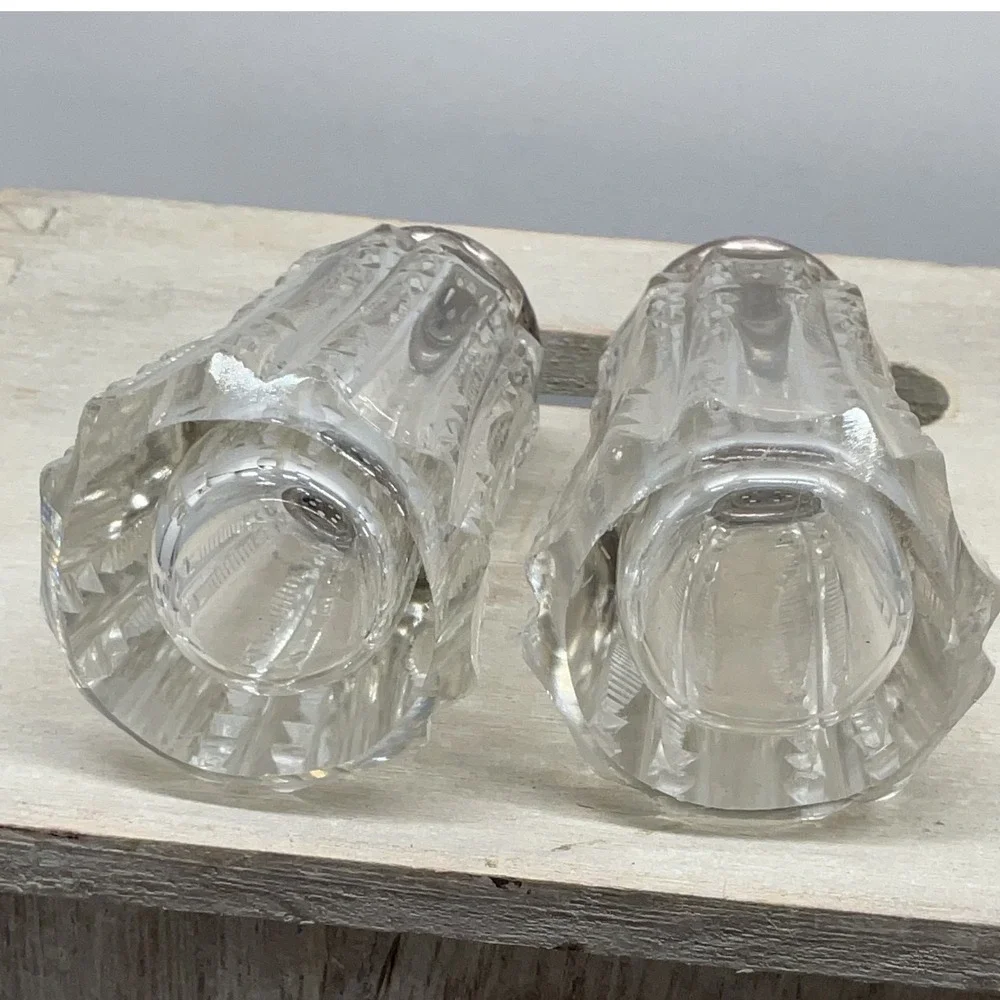 Vintage Cut Glass Salt and Pepper Shakers Set Clear Paneled Silver Tone Lids 3
